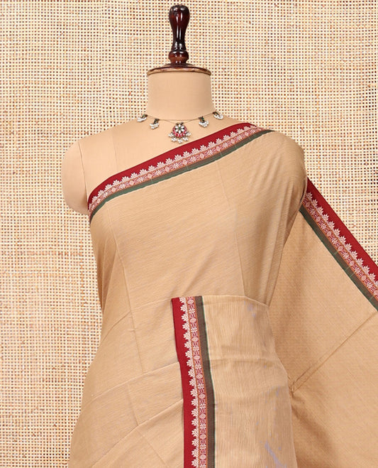 Sandal Plain Narayanpet Cotton Saree, Complemented by a Contrast Traditional Thread Border, Striped Pallu, and a Matching Blouse