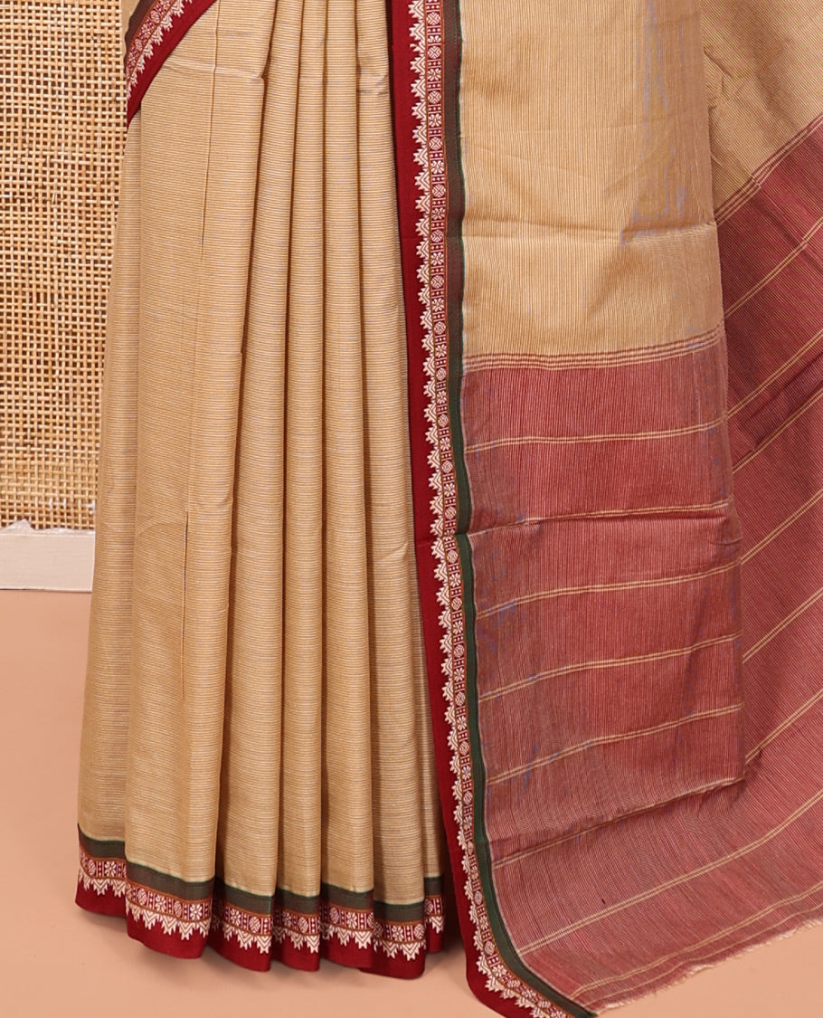 Sandal Plain Narayanpet Cotton Saree, Complemented by a Contrast Traditional Thread Border, Striped Pallu, and a Matching Blouse