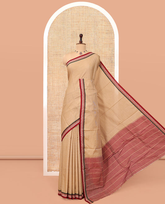 Sandal Plain Narayanpet Cotton Saree, Complemented by a Contrast Traditional Thread Border, Striped Pallu, and a Matching Blouse