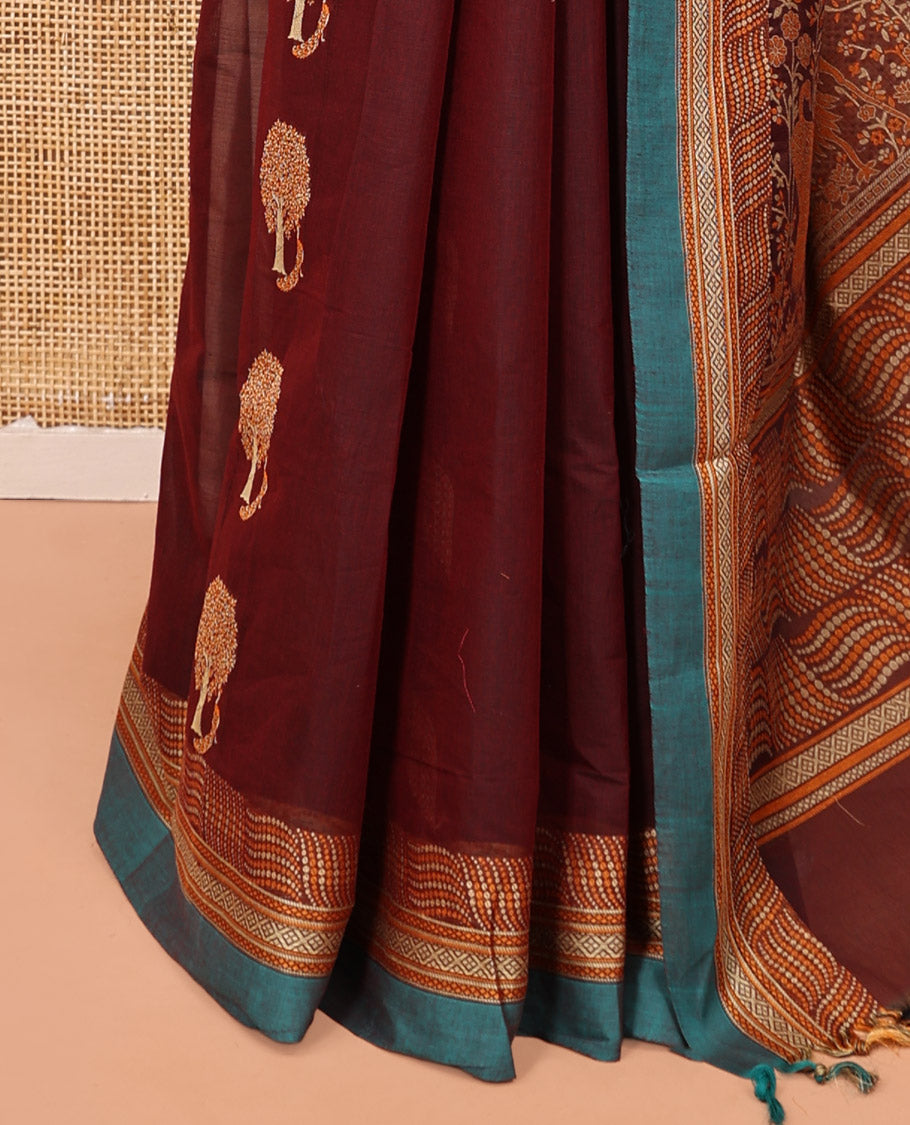 Maroon Cotton Saree, Delicately Woven with Buttas, Contrast Geometric Textured Border, Pallu of Floral- Bird and Geometric, and a Matching Blouse