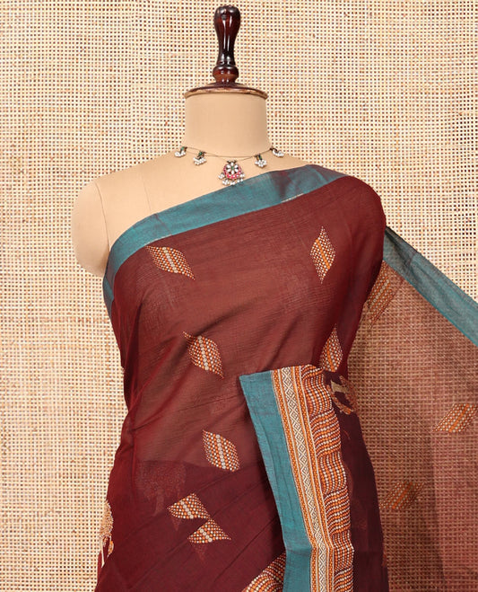 Maroon Cotton Saree, Delicately Woven with Buttas, Contrast Geometric Textured Border, Pallu of Floral- Bird and Geometric, and a Matching Blouse