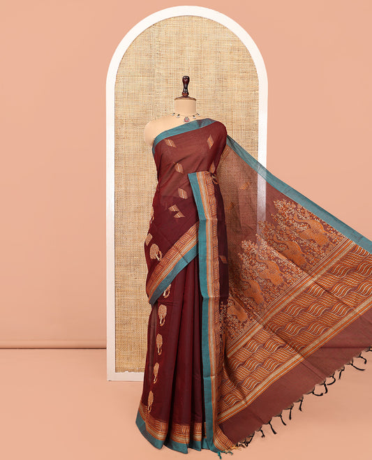 Maroon Cotton Saree, Delicately Woven with Buttas, Contrast Geometric Textured Border, Pallu of Floral- Bird and Geometric, and a Matching Blouse