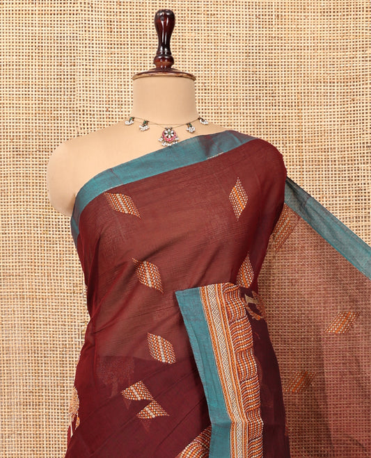 Maroon Cotton Saree, Delicately Woven with Buttas, Contrast Geometric Textured Border, Pallu of Floral- Bird and Geometric, and a Matching Blouse