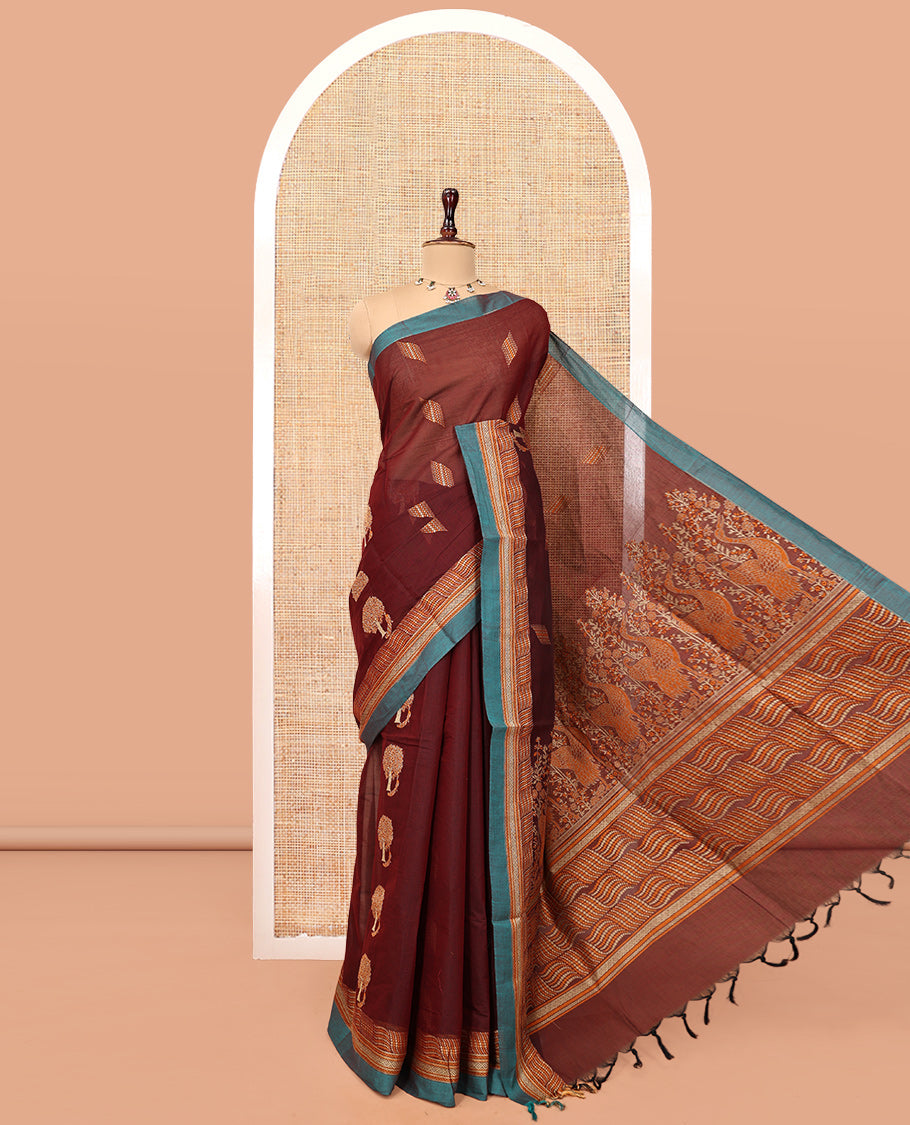Maroon Cotton Saree, Delicately Woven with Buttas, Contrast Geometric Textured Border, Pallu of Floral- Bird and Geometric, and a Matching Blouse