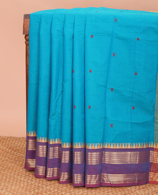 Blue buttas Chettinad cotton saree, contrast ganga jamuna rettai pettu traditional zari border, and pallu of stripes, and buttas