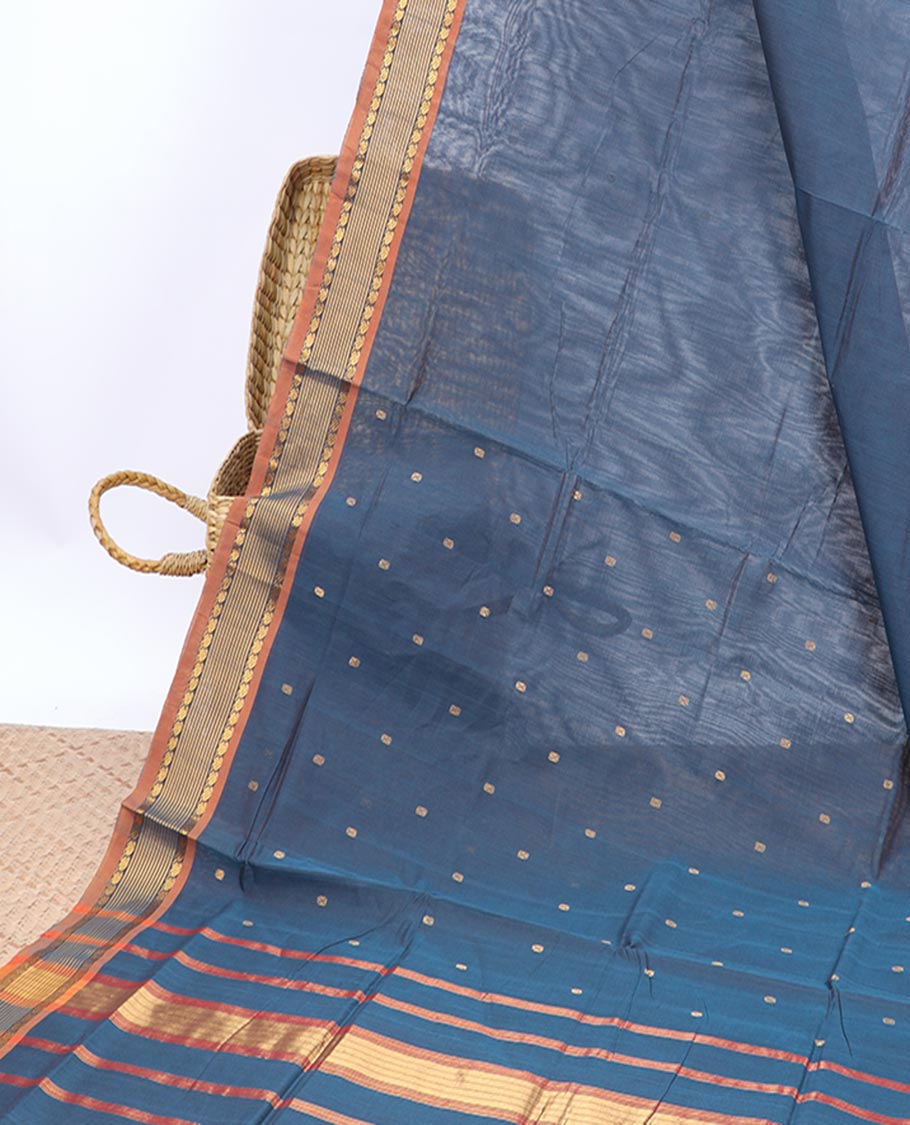 Blue buttas Vengatagiri cotton saree, contrast zari border & zari striped pallu