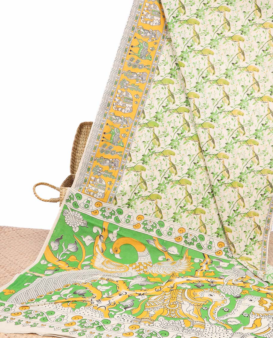 Cream bird motifs machine-printed kalamkari cotton saree, contrast unique motifs border & animal motifs pallu