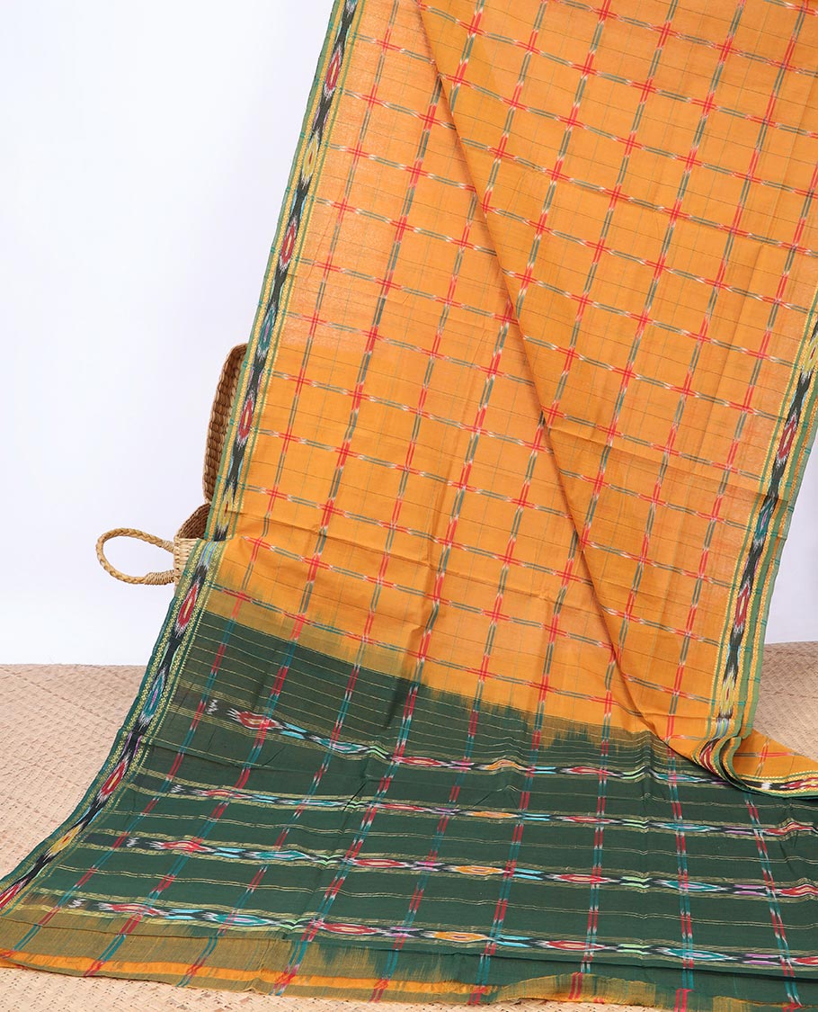 Yellow checked Andhra cotton saree, contrast ikkat border & checked pallu of ikkat design