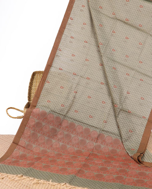 Grey geometric buttas Coimbatore cotton saree with contrast plain border & intricate zari design pallu