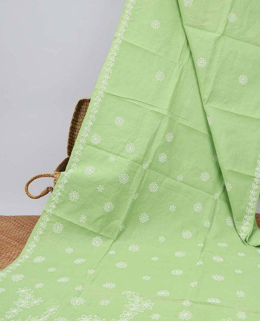 Green all-over floral thread embroidery chikankari cotton saree with self embroidery border