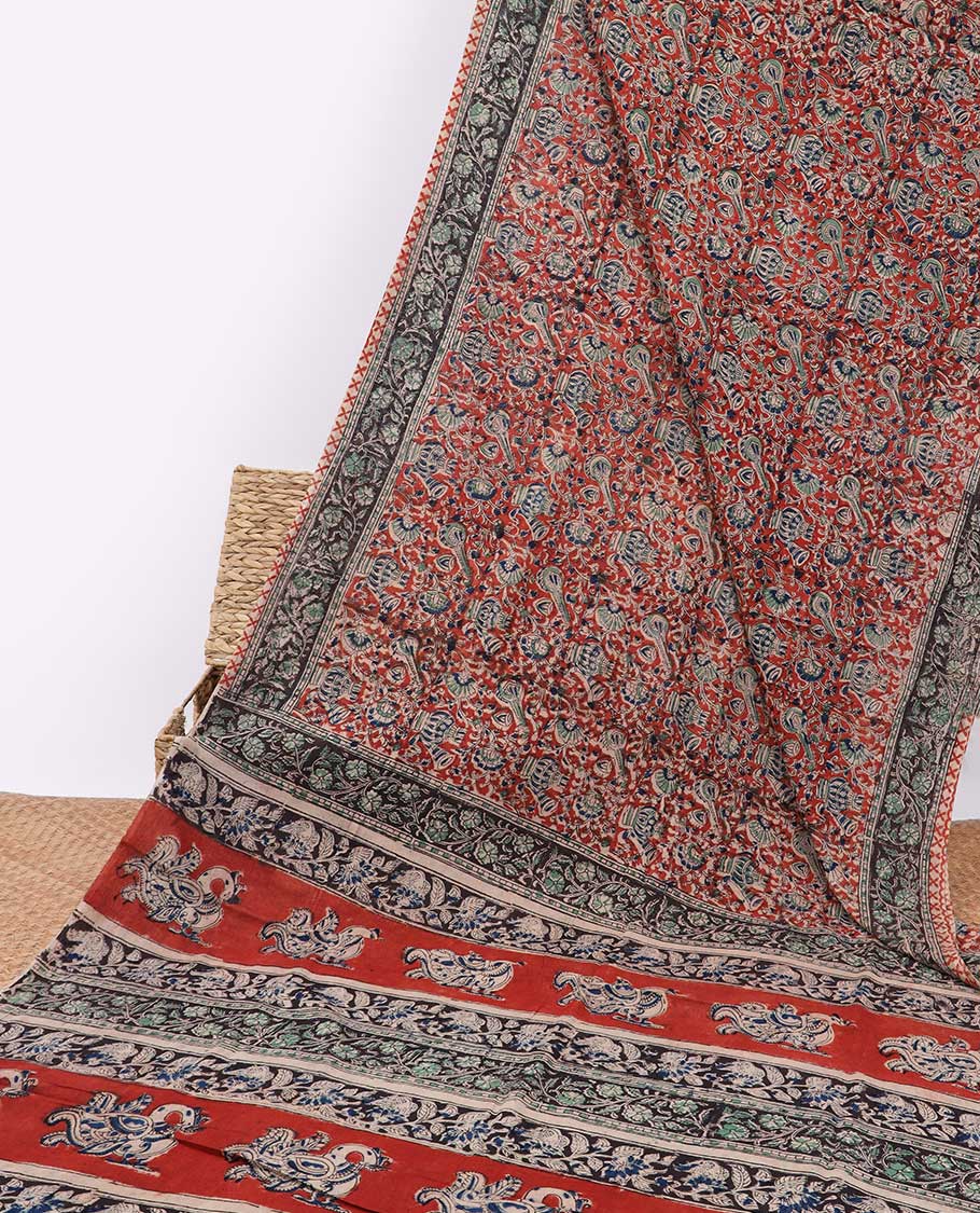 Multi-color intricate design machine-printed kalamkari cotton saree with contrast floral border & floral, peacock design pallu