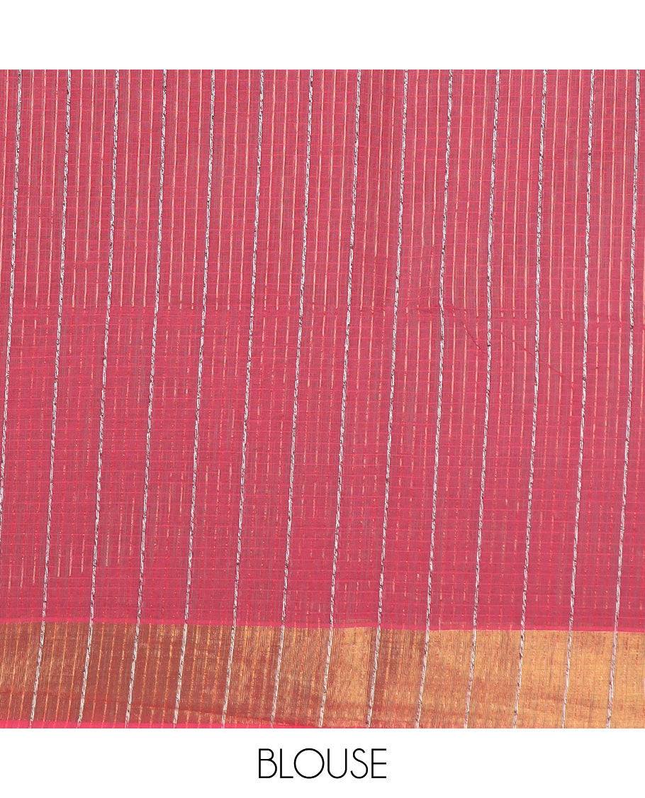 Pale pink plain jute cotton saree, zari border, and striped pallu