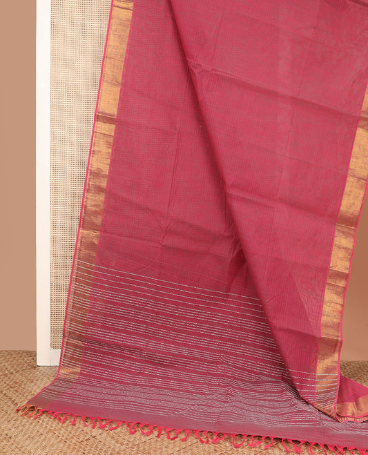 Pale pink plain jute cotton saree, zari border, and striped pallu