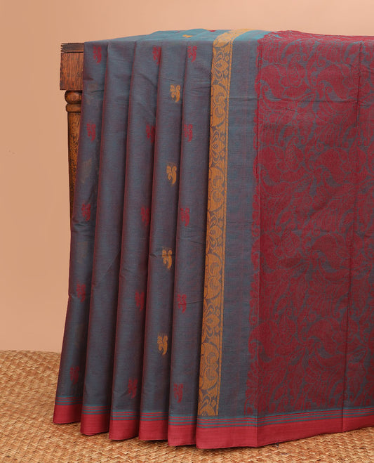 Grey buttas woven Kanchi cotton saree, contrast plain border, and pallu of floral-paisley designs