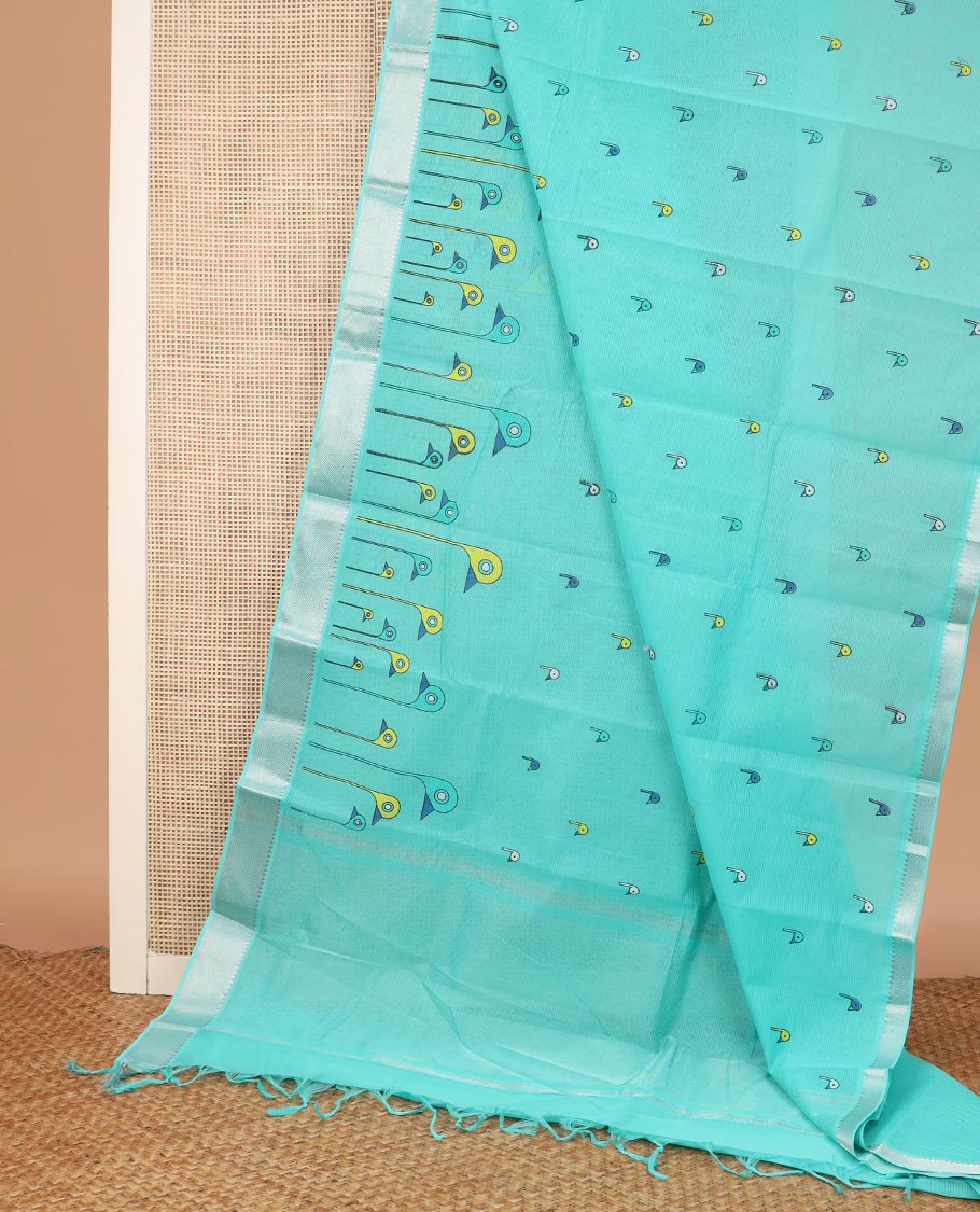 Blue bird buttas printed Chirala cotton saree, bavanji border and pallu of light striped