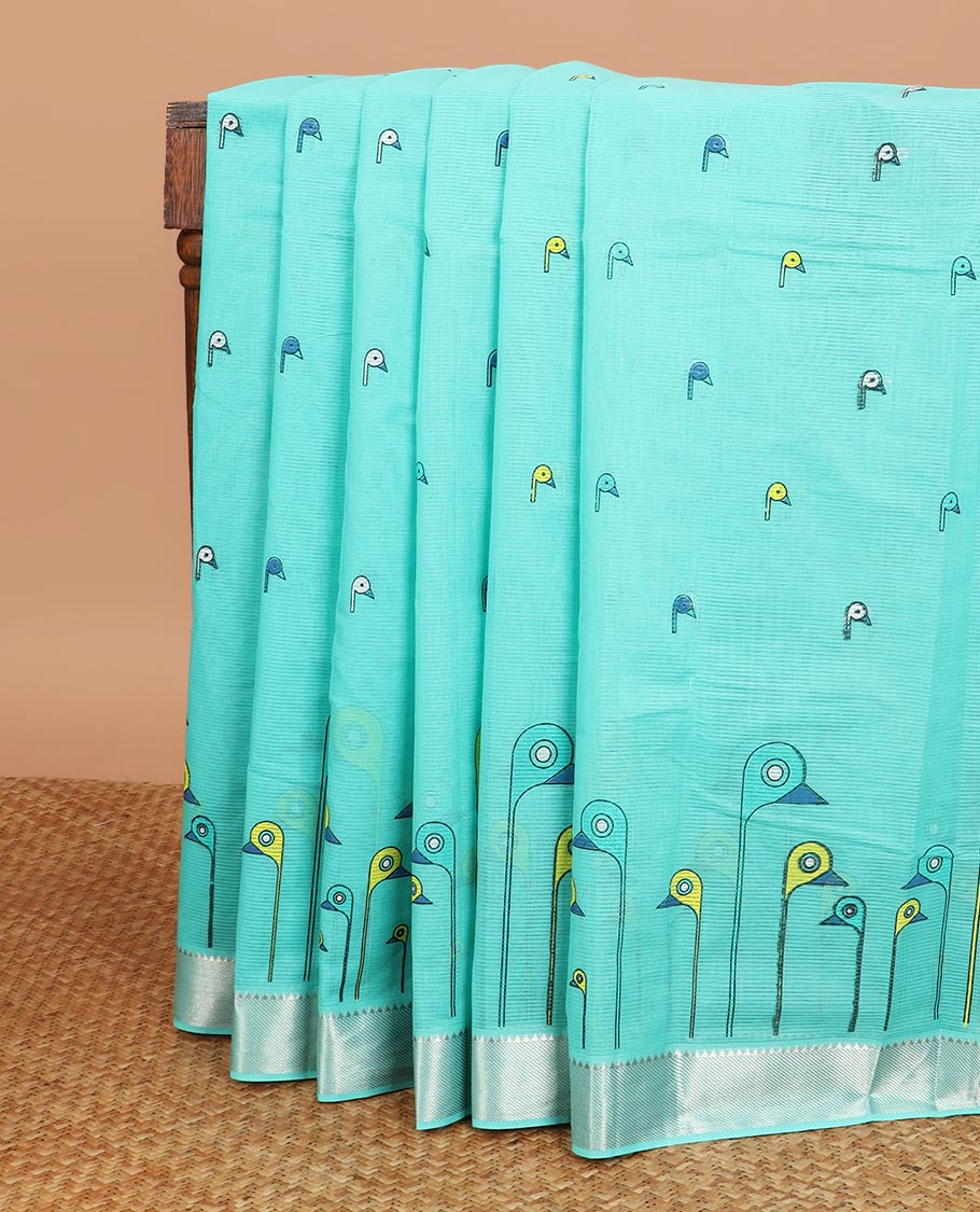 Blue bird buttas printed Chirala cotton saree, bavanji border and pallu of light striped
