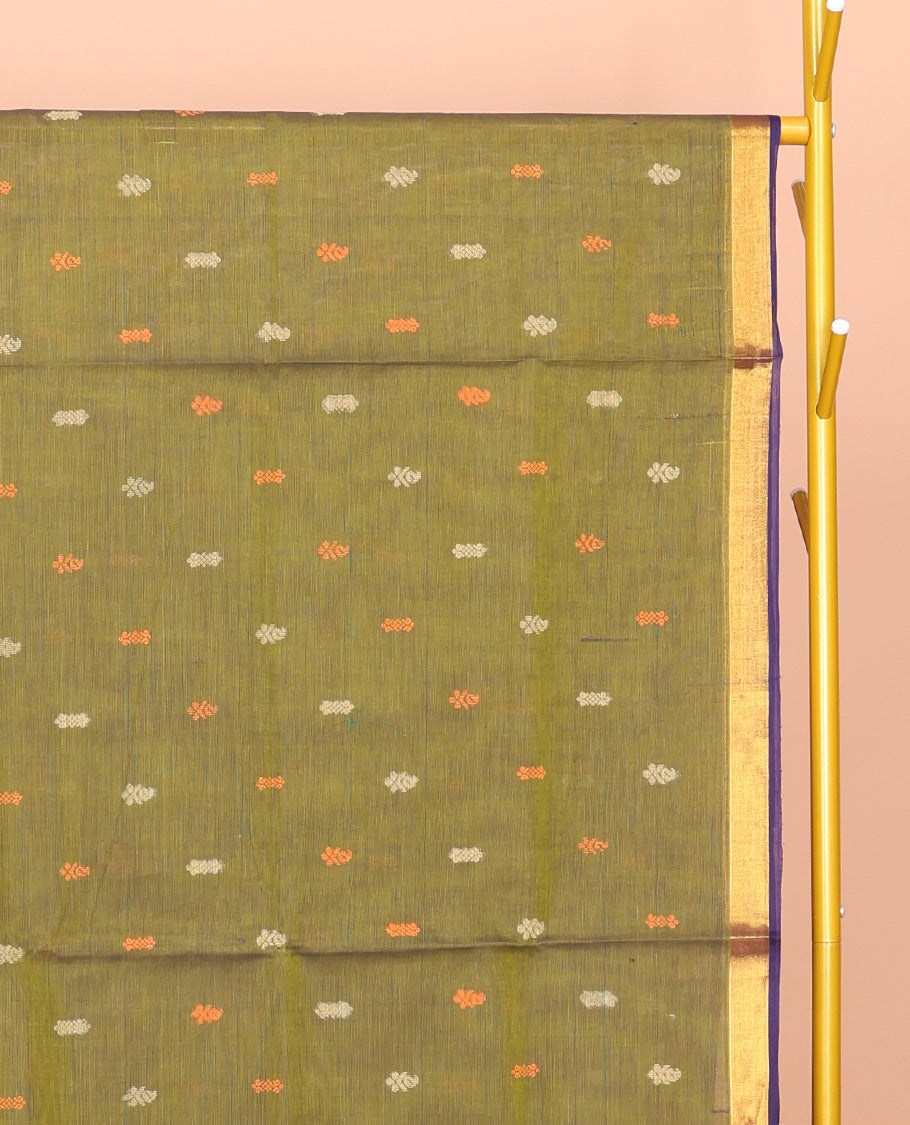 Green Venkatagiri Cotton Saree, Woven with Thread Buttas, a Contrast Floral Creeper Zari Border, Pallu of Buttas and Stripes, and No Blouse