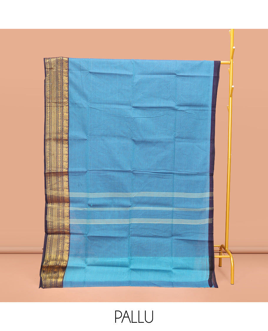 Blue Plain Chettinad Cotton Saree, Complemented by a Contrast Traditional Zari Design Border, Pallu of Stripes, and Paired with a Matching Blouse