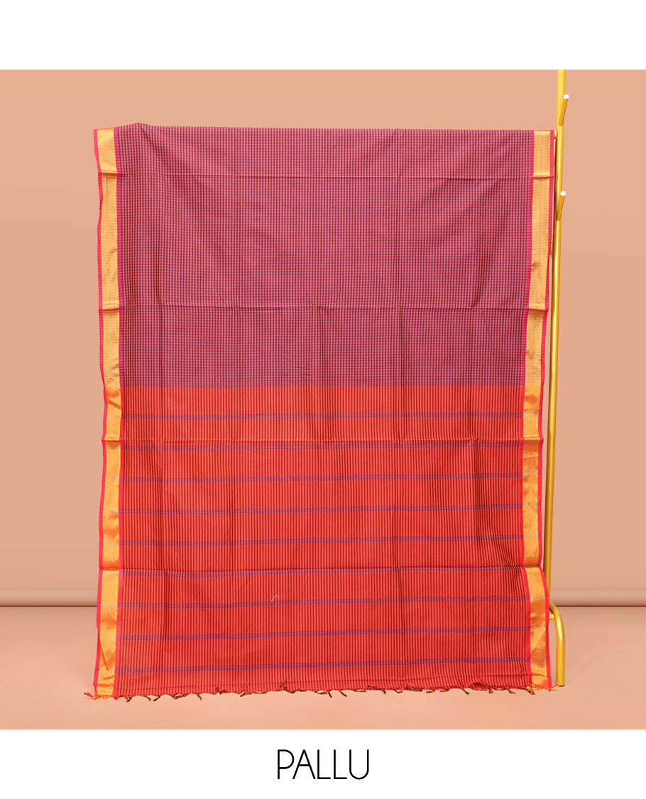 Multi-Color Poly Cotton Saree, Detailed with Micro-Checked Design on Its Body, Highlighted by a Self-Border, Striped Pallu, and Paired with a Contrast Blouse