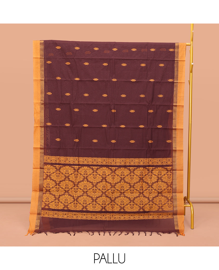 Brown Kanchi Cotton Saree, Adorned with Thread Buttas on Its Body, Complemented by a Contrast Border, Intricately Designed Pallu, and a Matching Blouse