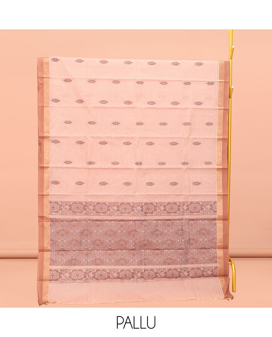 Sandal Kanchi Cotton Saree, Featuring Buttas All Over Its Body, a Complemented by Contrast Border, Pallu of Ogee Designs, and Paired with a Matching Blouse