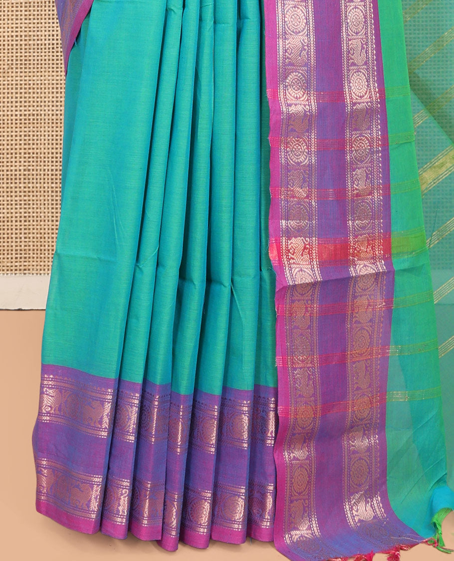 Aqua Green Chettinad Plain Cotton Saree, Defined by a Contrast Rettai Pettu Yaazhi-Chakra Border, a Striped Pallu and a Matching Blouse