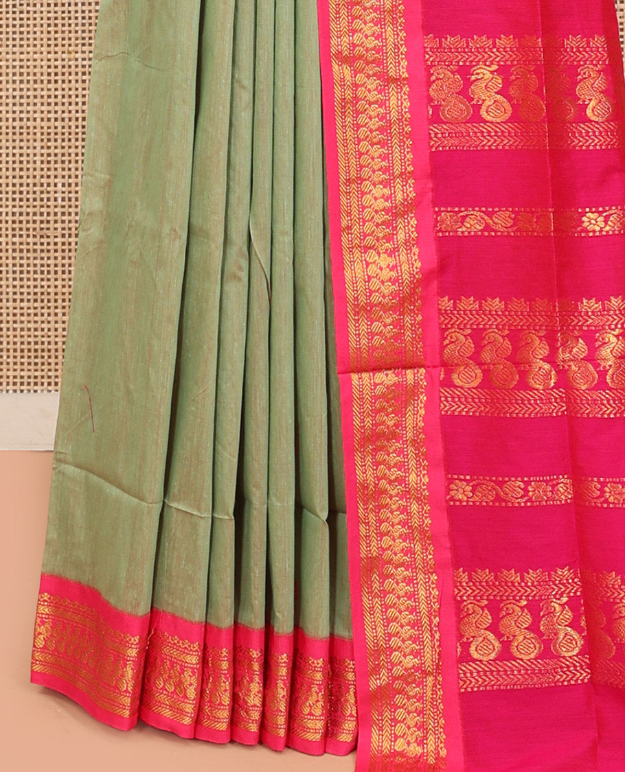Green Kalyani Cotton Saree, Woven with Thread Buttas, Complemented by a Contrast Traditional Border, Traditional Pallu, and a Contrast Blouse