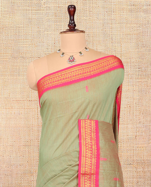 Green Kalyani Cotton Saree, Woven with Thread Buttas, Complemented by a Contrast Traditional Border, Traditional Pallu, and a Contrast Blouse