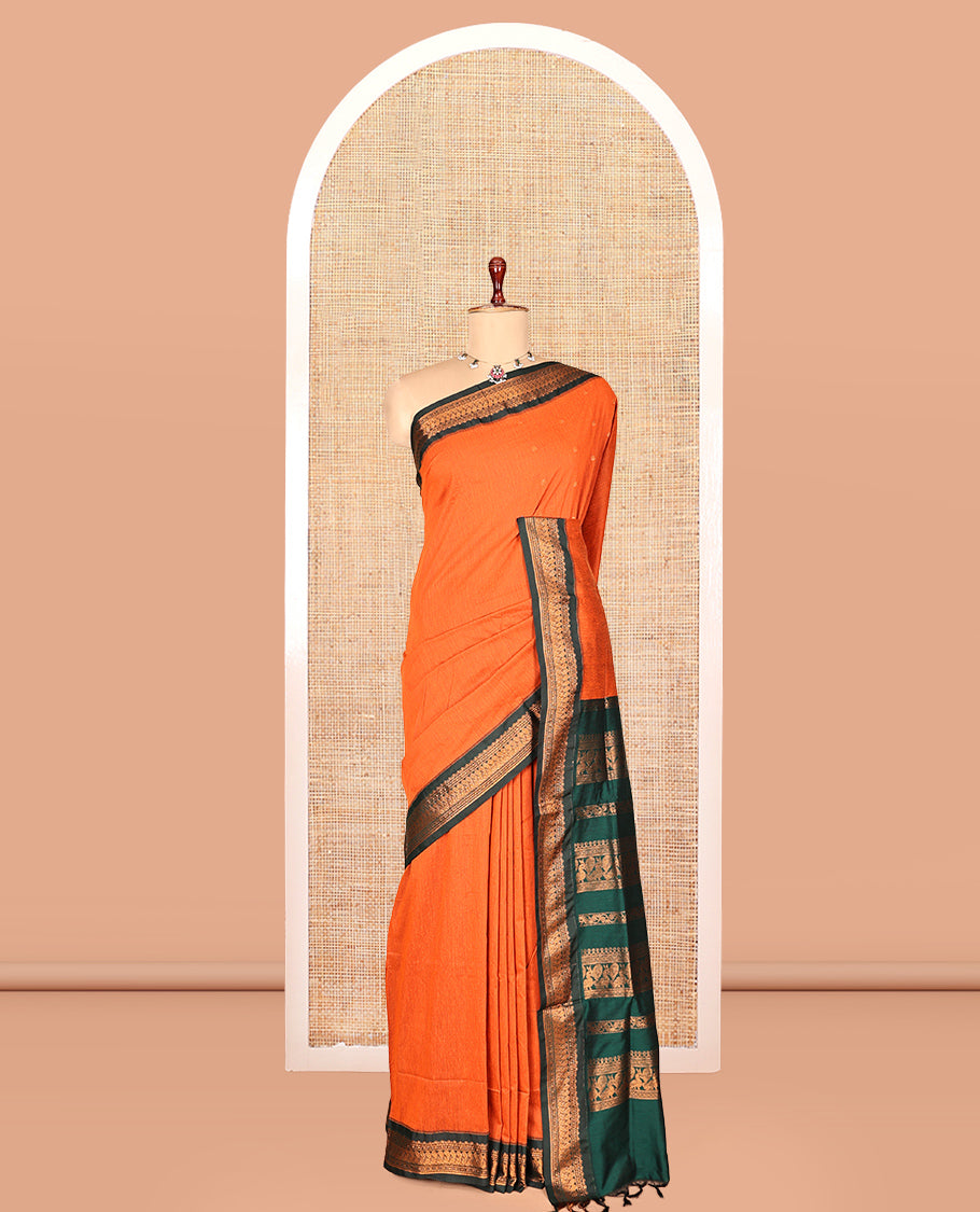 Orange Kalyani Cotton Saree, Crafted with Buttas, a Contrast Traditional Zari Border, Grand Pallu, and a Contrast Blouse