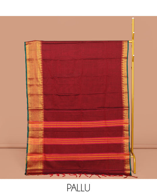 Red Plain Narayanpet Cotton Saree, Complemented by a Contrast Temple Traditional Zari Design Border, Striped Pallu, and Comes Without a Blouse