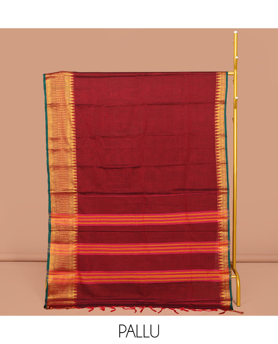 Red Plain Narayanpet Cotton Saree, Complemented by a Contrast Temple Traditional Zari Design Border, Striped Pallu, and Comes Without a Blouse