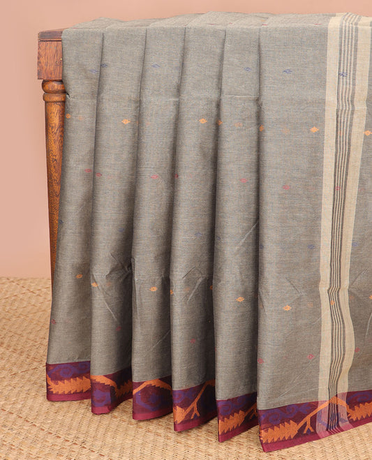 Dark grey floral motifs bengal cotton saree with contrast floral design border & striped, floral design pallu