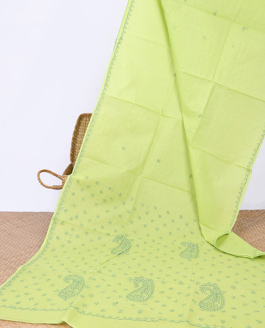 Green floral embroidery lucknowi chikankari cotton saree,self-border & pallu of floral & paisley embroidery