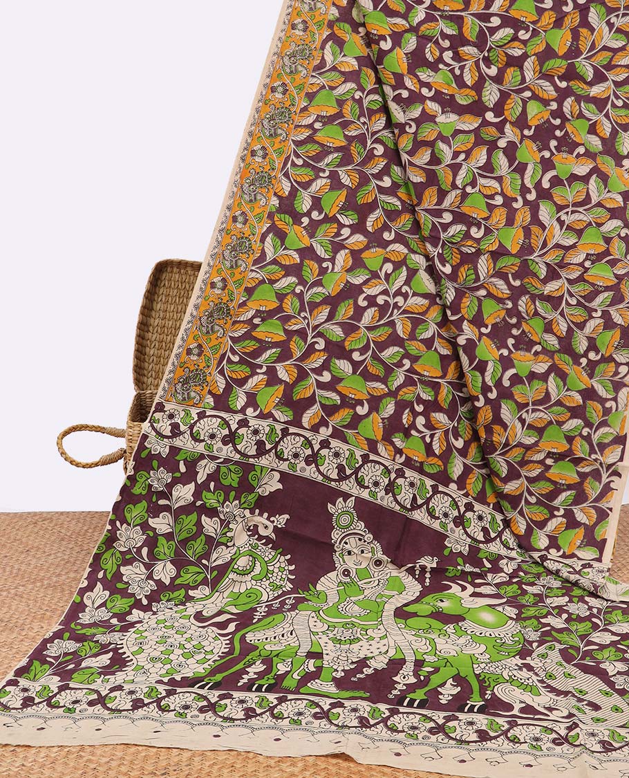 Violet floral vine design machine printed kalamkari cotton saree with contrast floral border & pichwai design pallu