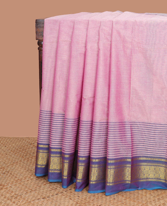 Pink striped kanchi cotton saree with contrast traditional zari design border & striped pallu