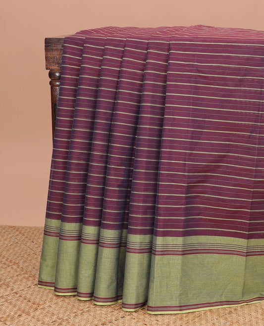 Maroon  striped kanchi cotton saree with contrast border & checked pallu