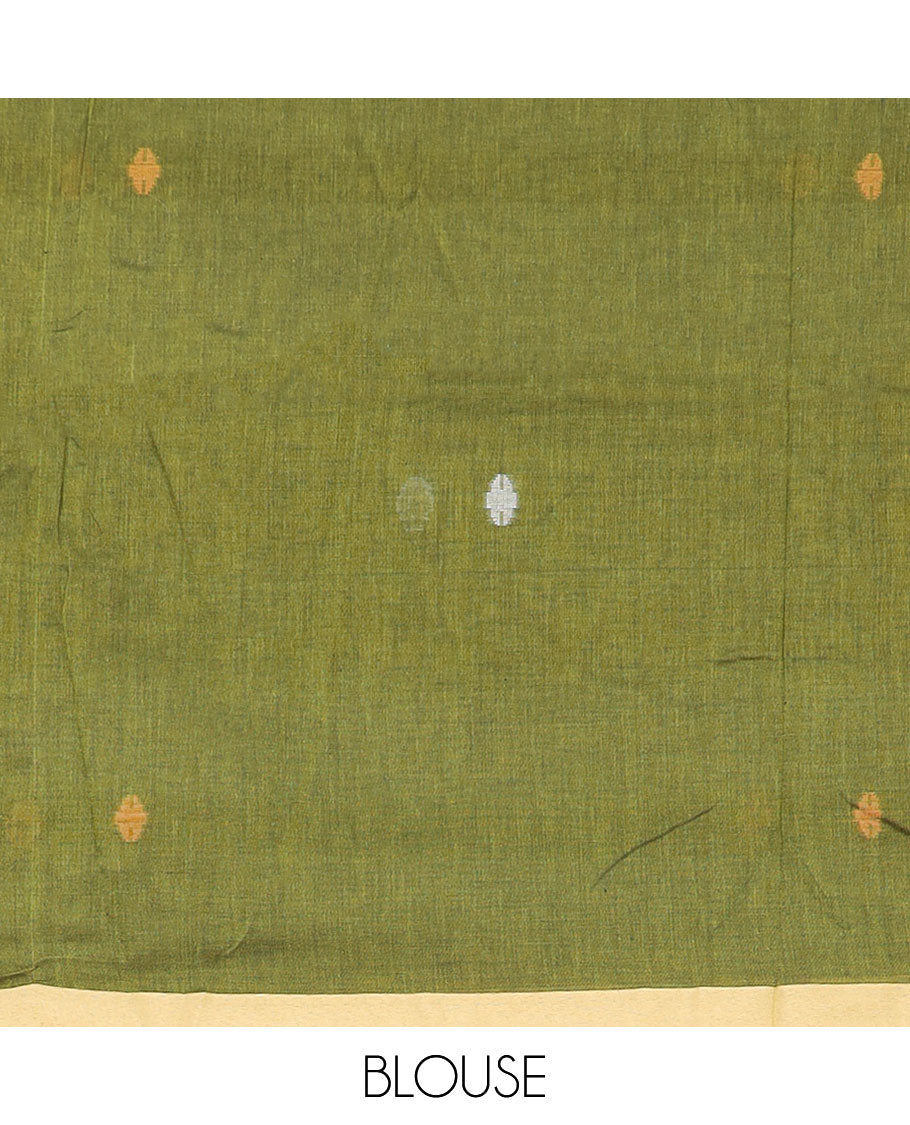 Olive green meena thread buttas Kadhi cotton saree, contrast piping border & pallu of 4-petal floral motifs & stripes