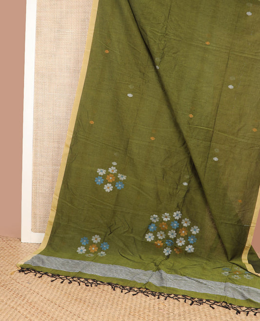 Olive green meena thread buttas Kadhi cotton saree, contrast piping border & pallu of 4-petal floral motifs & stripes