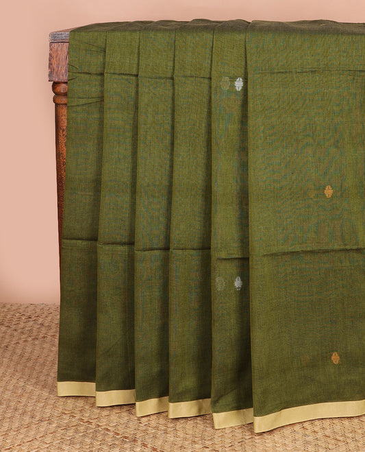Olive green meena thread buttas Kadhi cotton saree, contrast piping border & pallu of 4-petal floral motifs & stripes