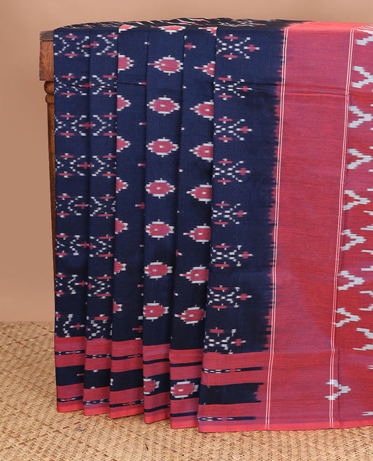Navy blue buttas ikkat cotton saree, contrast ikkat border & pallu of ikkat chevron design