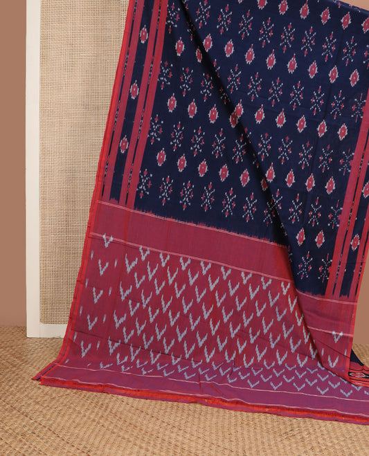 Navy blue buttas ikkat cotton saree, contrast ikkat border & pallu of ikkat chevron design