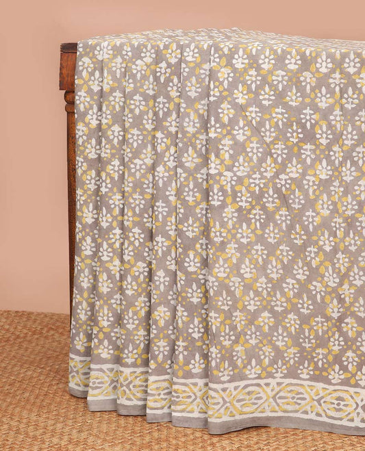 Grey with yellow floral block design mul mul cotton saree with contrast intricate design & floral motifs, geometric design pallu