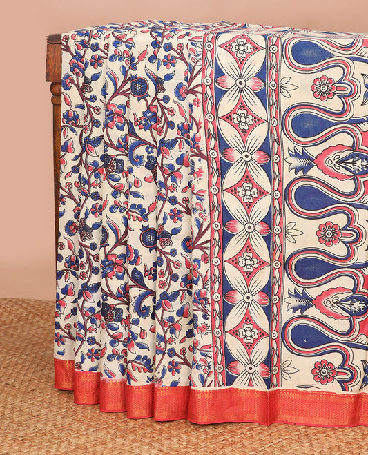 Cream floral design machine printed kalamkari cotton saree with contrast zari border & floral design pallu