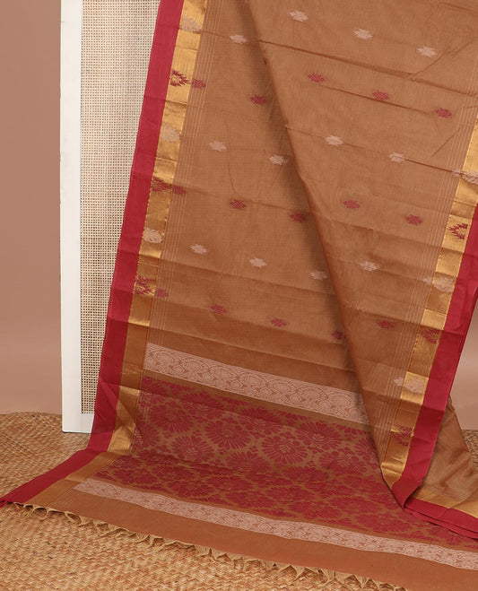 Brown motifs kanchi cotton saree with contrast zari border & checked floral design pallu