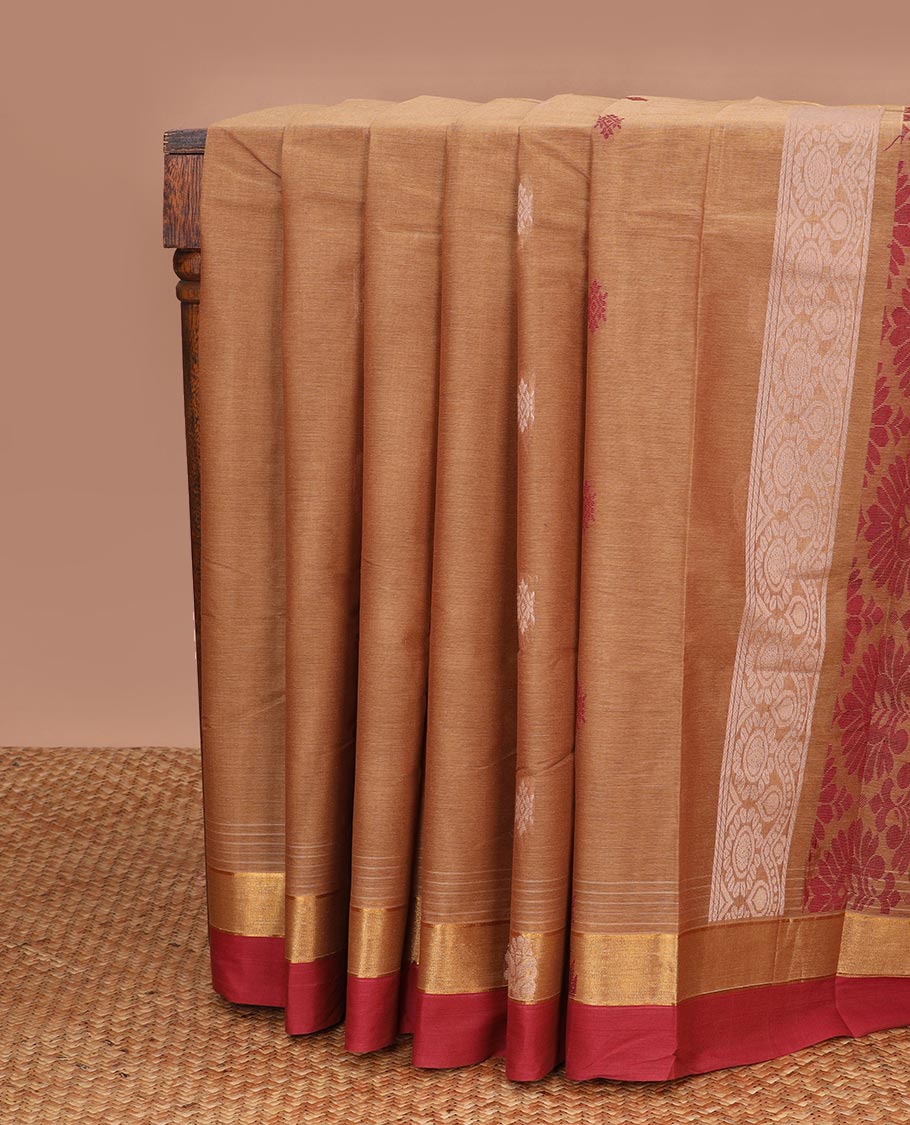 Brown motifs kanchi cotton saree with contrast zari border & checked floral design pallu