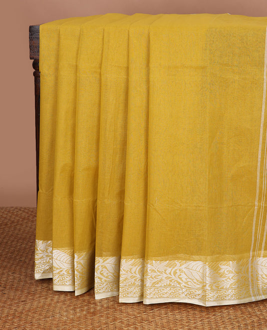 Mustard bengal cotton saree with contrast floral design border & striped pallu