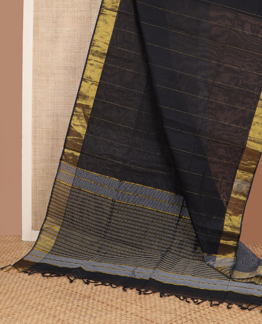 Black striped jute cotton saree, gleaming zari border & striped pallu