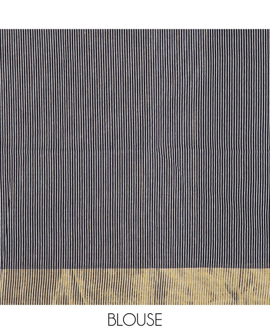 Black striped jute cotton saree, gleaming zari border & striped pallu
