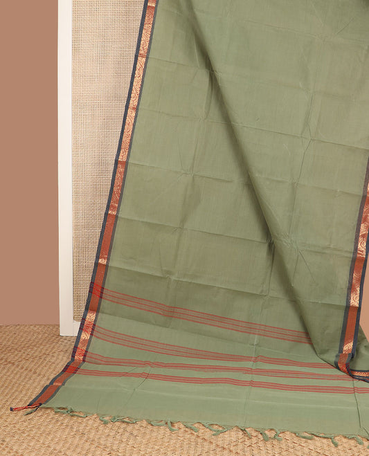 Green plain design Chettinad cotton saree, contrast floral creeper zari border & striped pallu