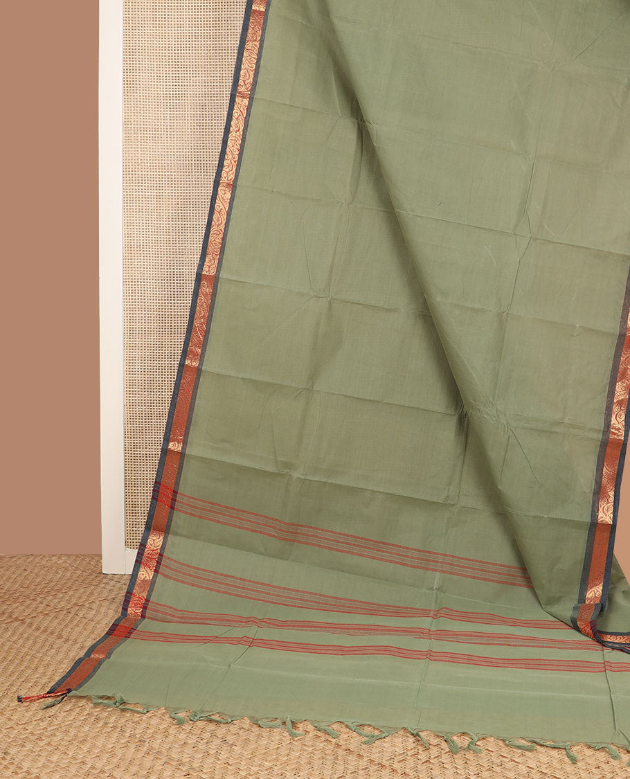 Green plain design Chettinad cotton saree, contrast floral creeper zari border & striped pallu